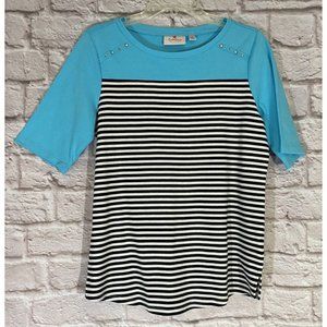 Quacker Factory Striped Shirt Small Blue Black White Studs‎ Rhinestones Top 8998